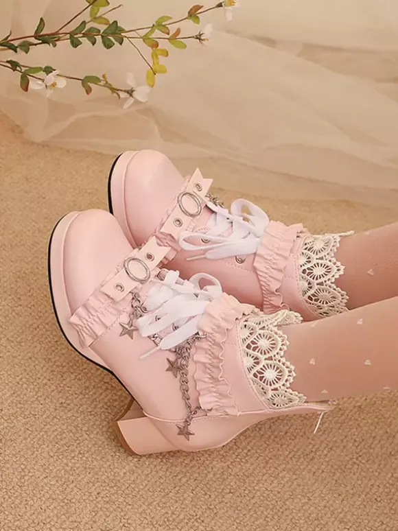 ROCOCO Style Lolita Boots PU Leather Lace Ruffles Chains Round Toe Black Lolita Footwear