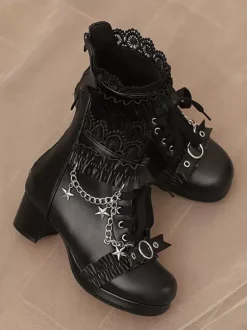 ROCOCO Style Lolita Boots PU Leather Lace Ruffles Chains Round Toe Black Lolita Footwear