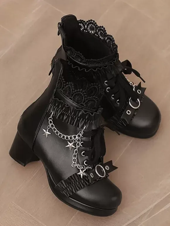 ROCOCO Style Lolita Boots PU Leather Lace Ruffles Chains Round Toe Black Lolita Footwear