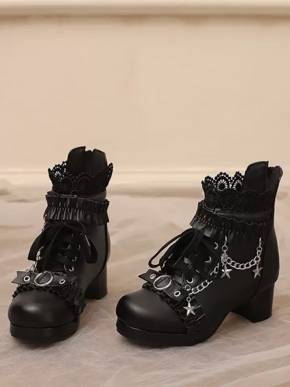 ROCOCO Style Lolita Boots PU Leather Lace Ruffles Chains Round Toe Black Lolita Footwear