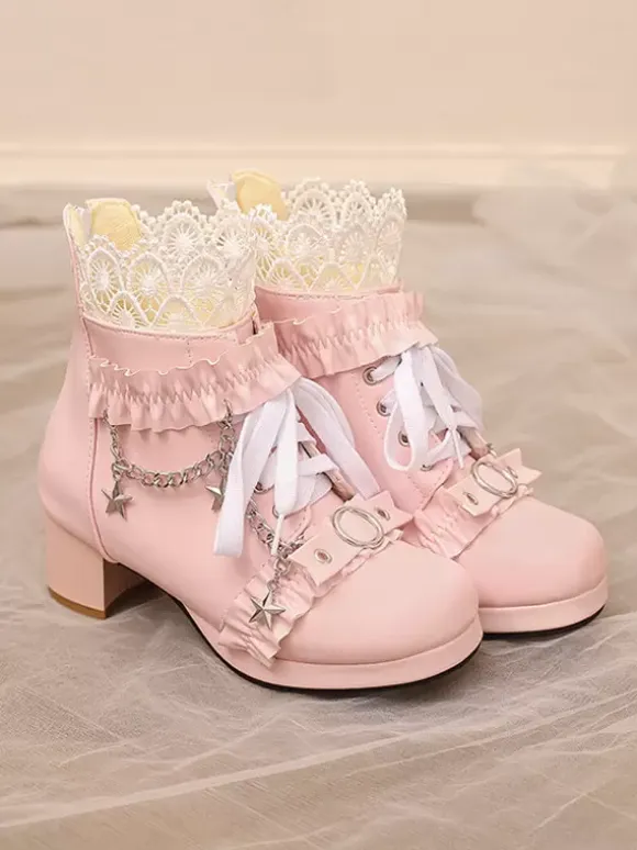 ROCOCO Style Lolita Boots PU Leather Lace Ruffles Chains Round Toe Black Lolita Footwear