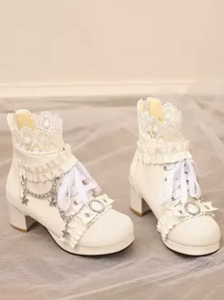ROCOCO Style Lolita Boots PU Leather Lace Ruffles Chains Round Toe Black Lolita Footwear