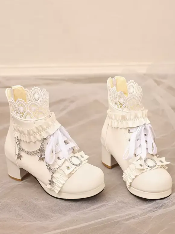 ROCOCO Style Lolita Boots PU Leather Lace Ruffles Chains Round Toe Black Lolita Footwear