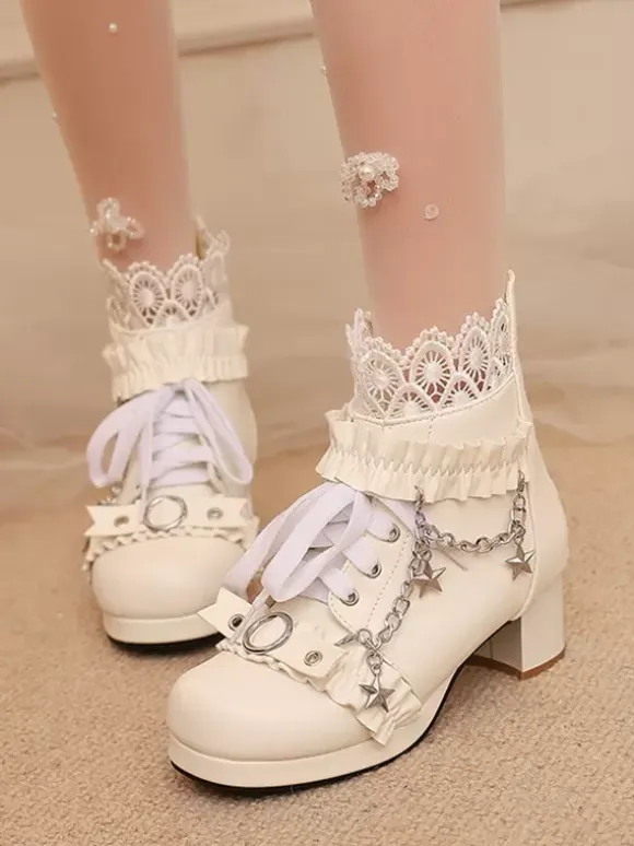 ROCOCO Style Lolita Boots PU Leather Lace Ruffles Chains Round Toe Black Lolita Footwear