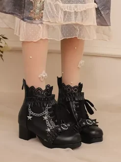 ROCOCO Style Lolita Boots PU Leather Lace Ruffles Chains Round Toe Black Lolita Footwear
