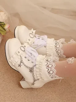 ROCOCO Style Lolita Boots PU Leather Lace Ruffles Chains Round Toe Black Lolita Footwear