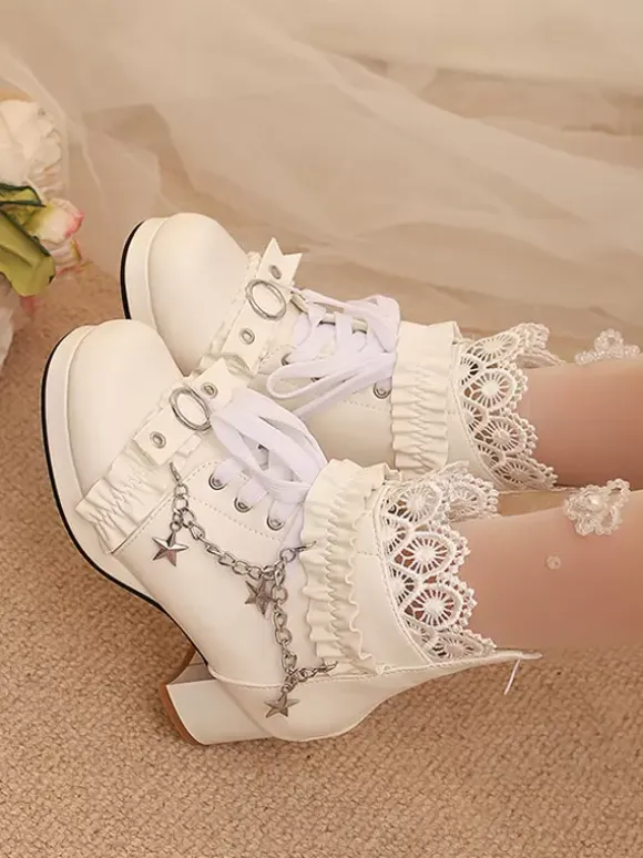 ROCOCO Style Lolita Boots PU Leather Lace Ruffles Chains Round Toe Black Lolita Footwear
