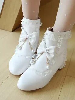 ROCOCO Style Lolita Boots White Bows Ruffles Pearls Round Toe PU Leather Lolita Footwear