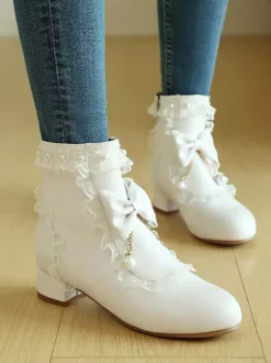 ROCOCO Style Lolita Boots White Bows Ruffles Pearls Round Toe PU Leather Lolita Footwear
