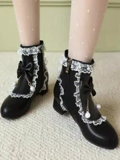 ROCOCO Style Lolita Boots White Bows Ruffles Pearls Round Toe PU Leather Lolita Footwear