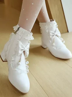 ROCOCO Style Lolita Boots White Bows Ruffles Pearls Round Toe PU Leather Lolita Footwear