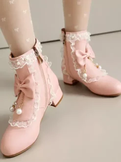 ROCOCO Style Lolita Boots White Bows Ruffles Pearls Round Toe PU Leather Lolita Footwear