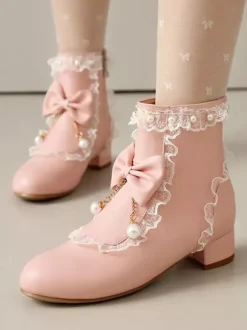 ROCOCO Style Lolita Boots White Bows Ruffles Pearls Round Toe PU Leather Lolita Footwear