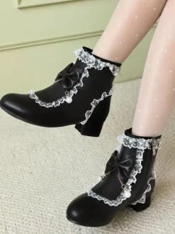 ROCOCO Style Lolita Boots White Bows Ruffles Pearls Round Toe PU Leather Lolita Footwear