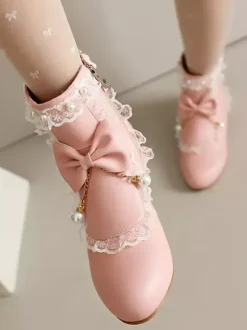 ROCOCO Style Lolita Boots White Bows Ruffles Pearls Round Toe PU Leather Lolita Footwear