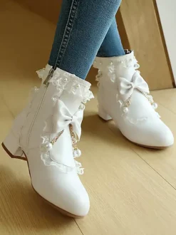 ROCOCO Style Lolita Boots White Bows Ruffles Pearls Round Toe PU Leather Lolita Footwear