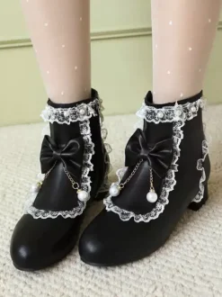 ROCOCO Style Lolita Boots White Bows Ruffles Pearls Round Toe PU Leather Lolita Footwear