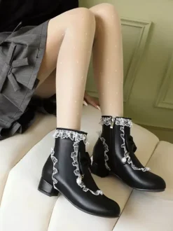 ROCOCO Style Lolita Boots White Bows Ruffles Pearls Round Toe PU Leather Lolita Footwear