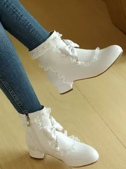 ROCOCO Style Lolita Boots White Bows Ruffles Pearls Round Toe PU Leather Lolita Footwear