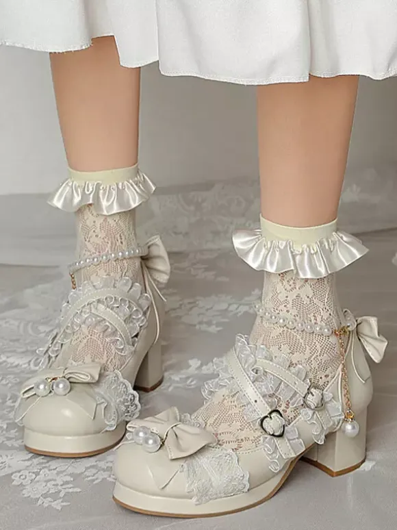 ROCOCO Style Lolita Footwear Purple Color Block Chains Pearls Bows Round Toe PU Leather Lolita Pumps