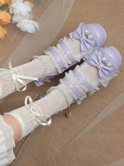 ROCOCO Style Lolita Footwear Purple Color Block Chains Pearls Bows Round Toe PU Leather Lolita Pumps