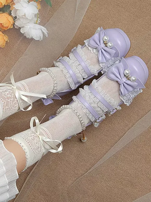 ROCOCO Style Lolita Footwear Purple Color Block Chains Pearls Bows Round Toe PU Leather Lolita Pumps