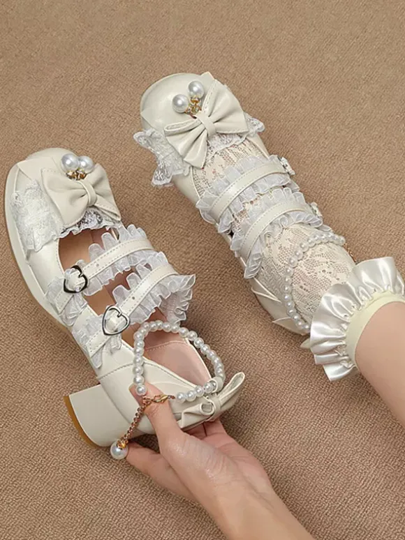 ROCOCO Style Lolita Footwear Purple Color Block Chains Pearls Bows Round Toe PU Leather Lolita Pumps