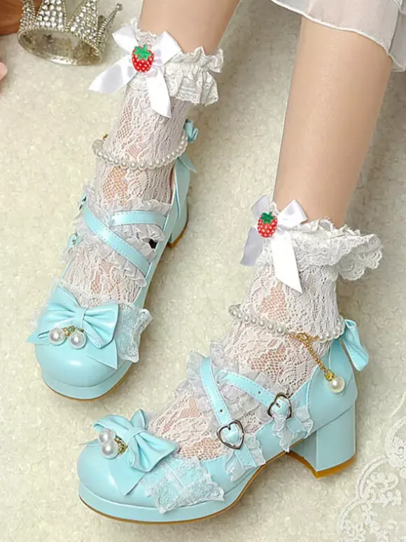 ROCOCO Style Lolita Footwear Purple Color Block Chains Pearls Bows Round Toe PU Leather Lolita Pumps
