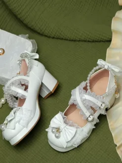 ROCOCO Style Lolita Footwear Purple Color Block Chains Pearls Bows Round Toe PU Leather Lolita Pumps