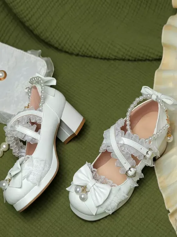 ROCOCO Style Lolita Footwear Purple Color Block Chains Pearls Bows Round Toe PU Leather Lolita Pumps