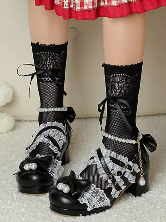 ROCOCO Style Lolita Footwear Purple Color Block Chains Pearls Bows Round Toe PU Leather Lolita Pumps