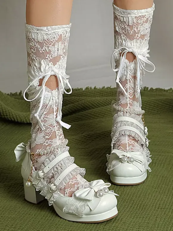 ROCOCO Style Lolita Footwear Purple Color Block Chains Pearls Bows Round Toe PU Leather Lolita Pumps
