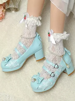 ROCOCO Style Lolita Footwear Purple Color Block Chains Pearls Bows Round Toe PU Leather Lolita Pumps