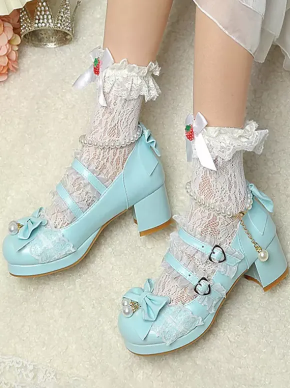 ROCOCO Style Lolita Footwear Purple Color Block Chains Pearls Bows Round Toe PU Leather Lolita Pumps
