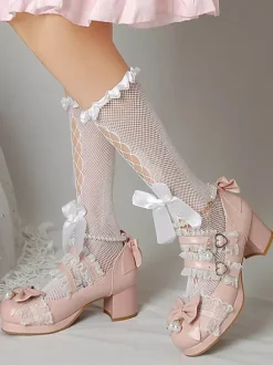 ROCOCO Style Lolita Footwear Purple Color Block Chains Pearls Bows Round Toe PU Leather Lolita Pumps