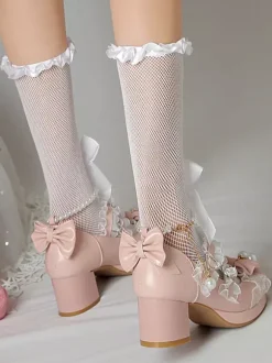 ROCOCO Style Lolita Footwear Purple Color Block Chains Pearls Bows Round Toe PU Leather Lolita Pumps