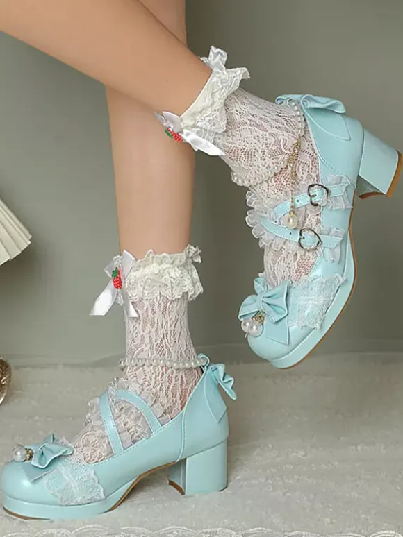 ROCOCO Style Lolita Footwear Purple Color Block Chains Pearls Bows Round Toe PU Leather Lolita Pumps