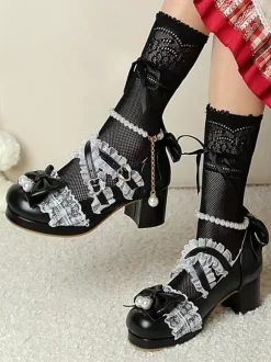 ROCOCO Style Lolita Footwear Purple Color Block Chains Pearls Bows Round Toe PU Leather Lolita Pumps