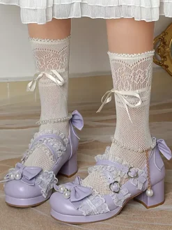 ROCOCO Style Lolita Footwear Purple Color Block Chains Pearls Bows Round Toe PU Leather Lolita Pumps