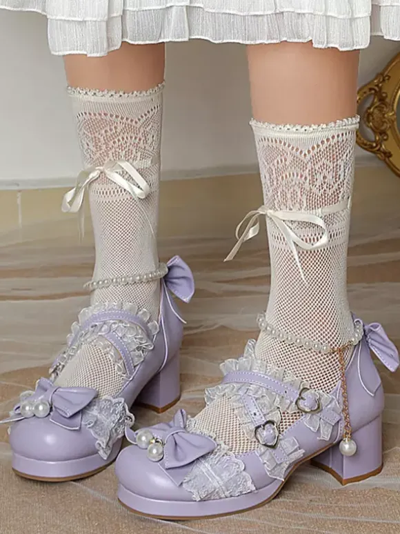 ROCOCO Style Lolita Footwear Purple Color Block Chains Pearls Bows Round Toe PU Leather Lolita Pumps