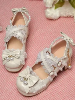 ROCOCO Style Lolita Footwear Purple Color Block Chains Pearls Bows Round Toe PU Leather Lolita Pumps