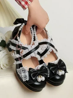 ROCOCO Style Lolita Footwear Purple Color Block Chains Pearls Bows Round Toe PU Leather Lolita Pumps