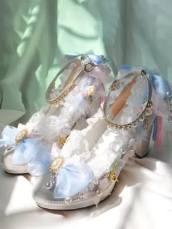 ROCOCO Style Lolita Footwear Ecru White Pearls Ruffles Bow PU Leather Chunky Heel Lolita Pumps
