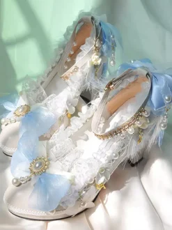 ROCOCO Style Lolita Footwear Ecru White Pearls Ruffles Bow PU Leather Chunky Heel Lolita Pumps