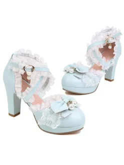 ROCOCO Style Lolita Footwear Black Bows Ruffles Pearls Round Toe PU Leather Lolita Pumps