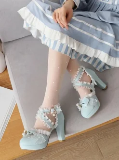 ROCOCO Style Lolita Footwear Black Bows Ruffles Pearls Round Toe PU Leather Lolita Pumps