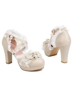 ROCOCO Style Lolita Footwear Black Bows Ruffles Pearls Round Toe PU Leather Lolita Pumps