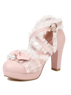 ROCOCO Style Lolita Footwear Black Bows Ruffles Pearls Round Toe PU Leather Lolita Pumps