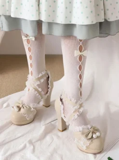 ROCOCO Style Lolita Footwear Black Bows Ruffles Pearls Round Toe PU Leather Lolita Pumps