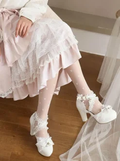 ROCOCO Style Lolita Footwear Black Bows Ruffles Pearls Round Toe PU Leather Lolita Pumps